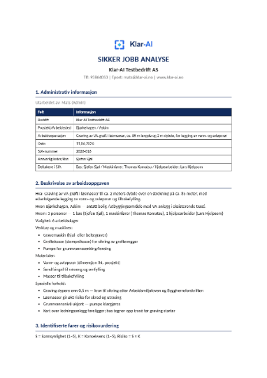 SJA – forside med administrativ informasjon