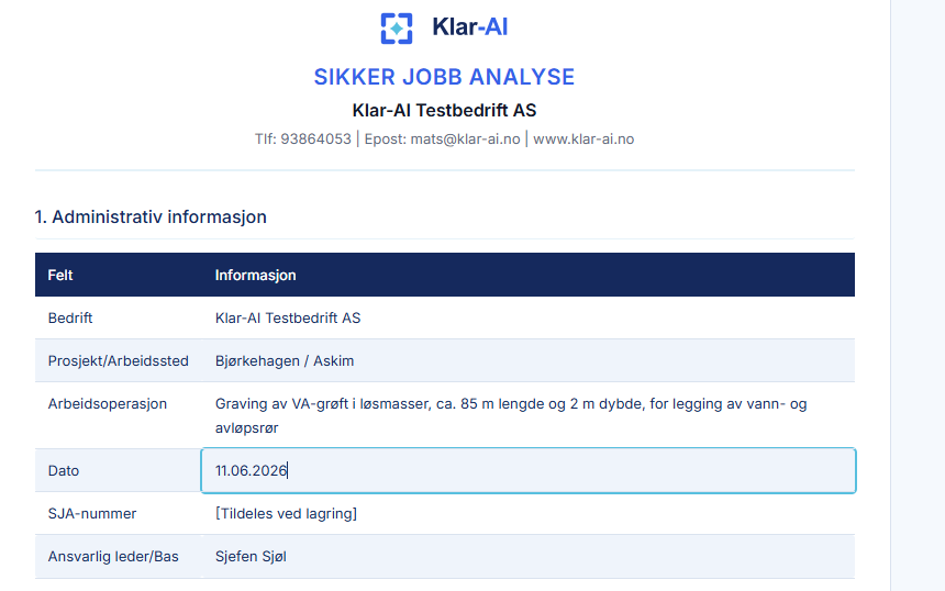 Redigerbar SJA i Klar-AI på PC